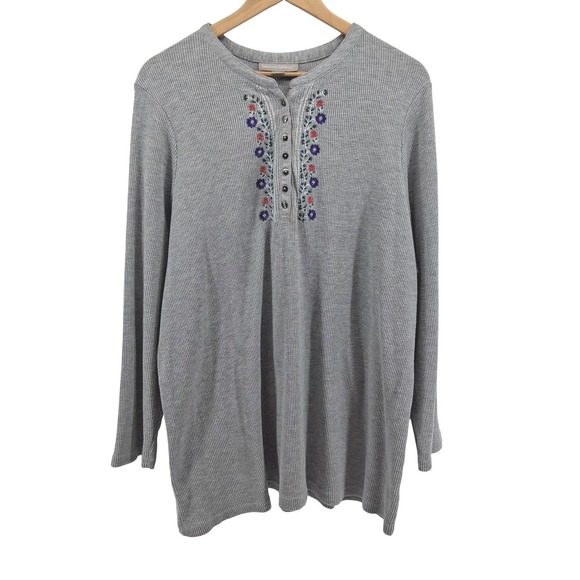 Woman Within Tops - Woman Within Gray Floral Embroidered Thermal Knit Henley Tee Plus Sz 2X Cozy